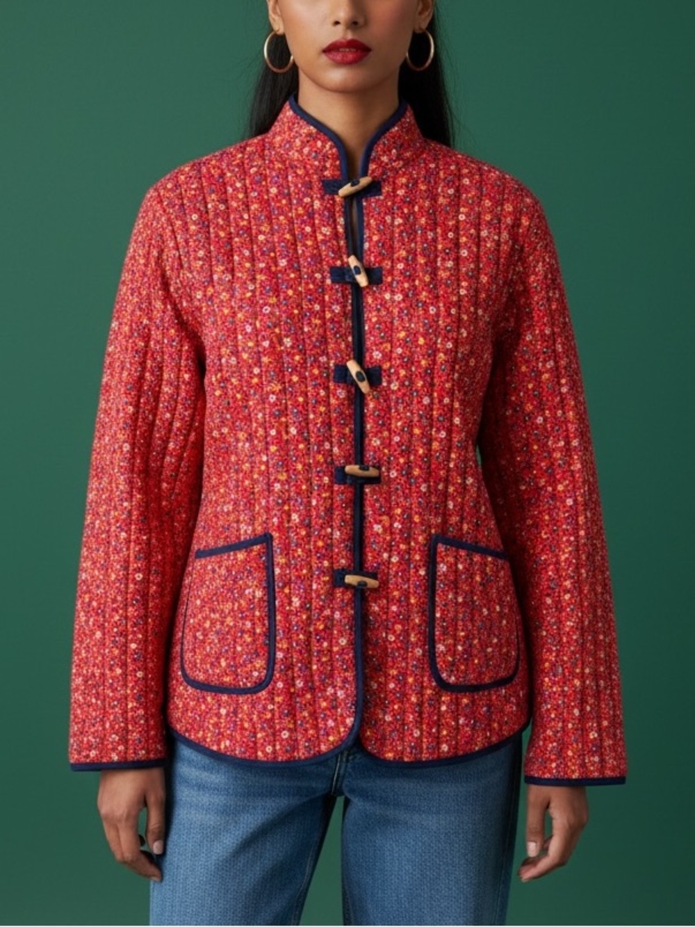 Vtg 70s Red Ditsy Floral Quilted Jacket M/L Hong Kong Wood Toggle Buttons 80s